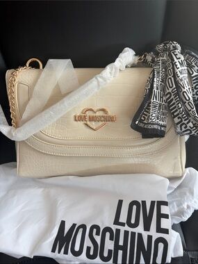 Love Moschino Cream Croc-Embossed Shoulder Bag with Logo Scarf